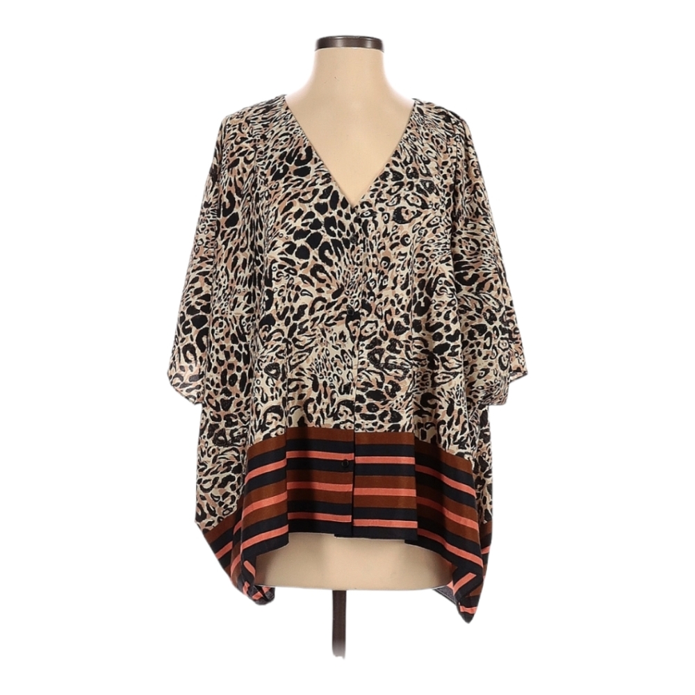 Melissa Paige Short Sleeve Blouse Size S Animal Print Striped Button Front